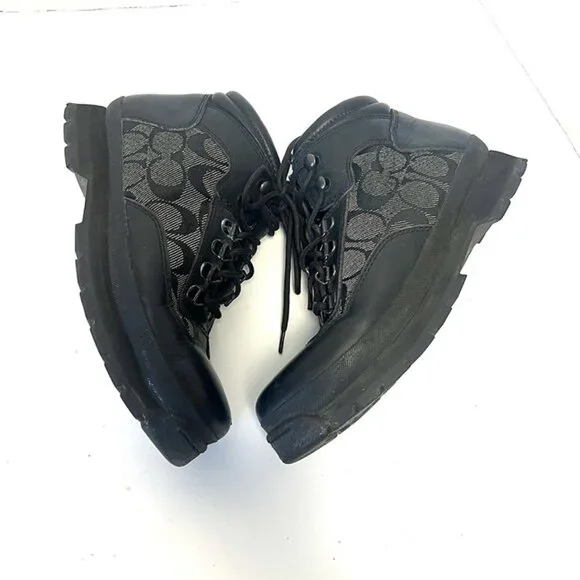 VTG Coach Women’s 7.5 Black Leather Monogram Hiking Boots Chunky Gorpcore Y2K - Picture 5 of 11